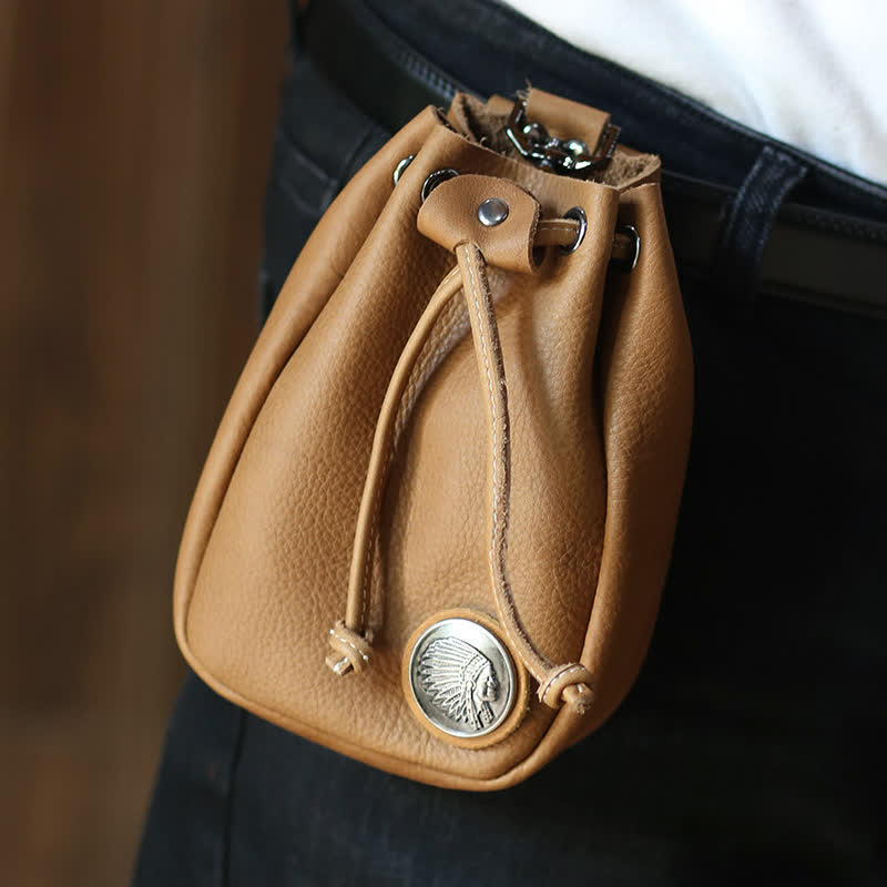 Small Wallet Coin Purse Drawstring Leather Belt Bag - Khaki - image 15