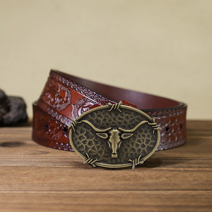 Men's DIY Cowboy Bull Head Hammered Buckle Leather Belt - Antique Bronze - Brown Carved Belt (40) - image 19