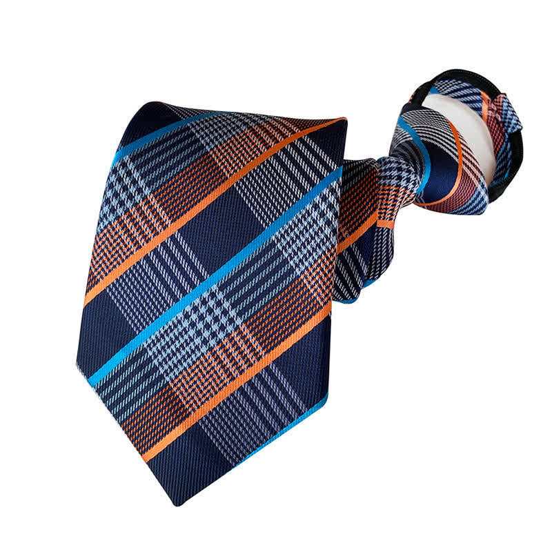 Men's Plaid Zipper Tie Argyle Necktie - Navy & Orange - image 3