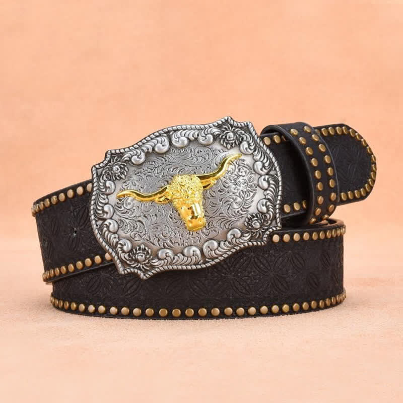 Men's Punk Rivet Gold Longhorn Bull Leather Belt - image 7