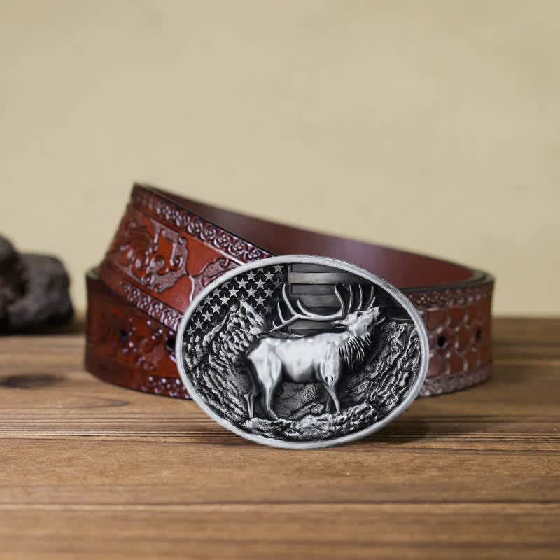Men's DIY Elk Deer American Flag Buckle Leather Belt - Antique Silver - Brown Carved Belt (40) - image 18