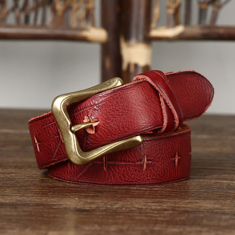 Men's Vintage Carving Crack Leather Belt - Reddish Brown - 44 - image 11
