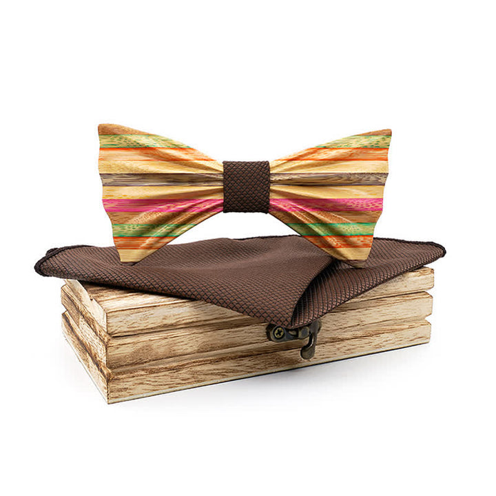 2Pcs Men's Rainbow Wrinkle Wooden Bow Tie Set - Brown - image 11