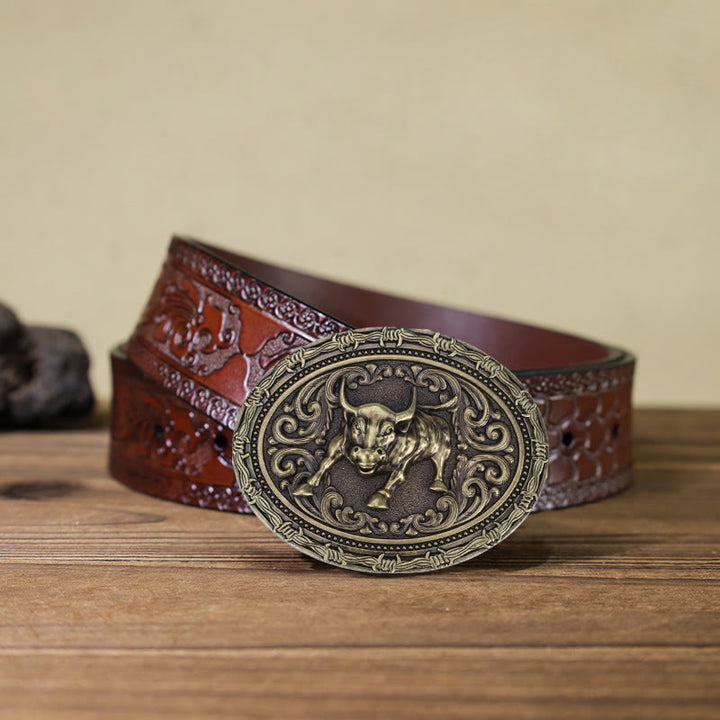 Men's DIY Cowboy Bullfighter Buckle Leather Belt - Horse - Brown Carved Belt (40) - image 11
