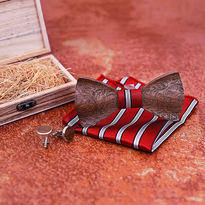 3Pcs Men's Black Walnut Paisley Wooden Bow Tie Set - image 2