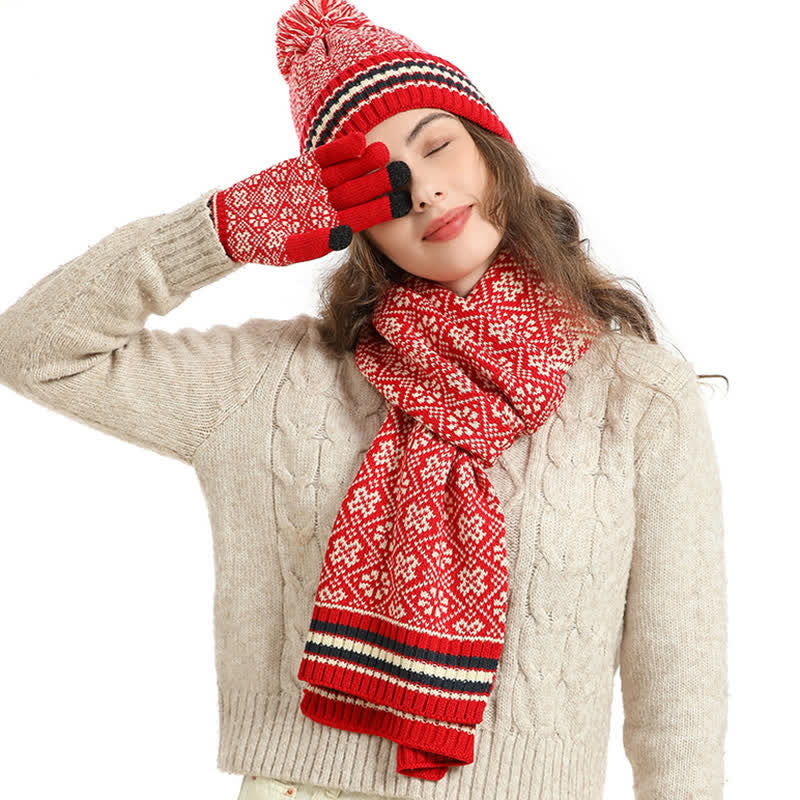 3Pcs Unisex Snowflake Hat Scarf Touchscreen Gloves Set - image 14