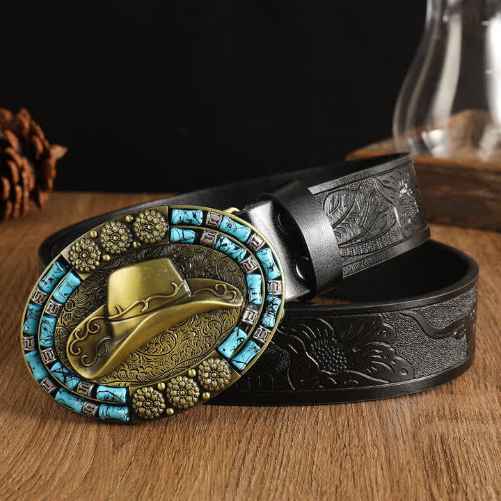 Men's Cowboy Gold Hat Turquoise Decor Leather Belt - Black #1 - 42 - image 4