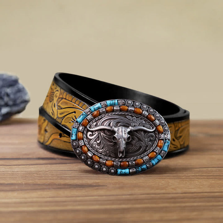Men's DIY Turquoise Wood Bead Bull Buckle Leather Belt - Silver - SandyBrown Belt (40) - image 18