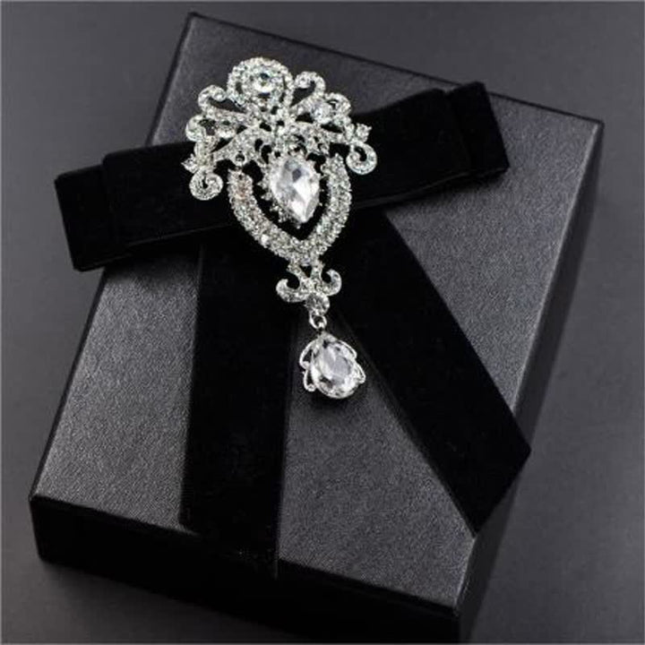 2Pcs Royal Rhinestone Brooch Velvet Bow Tie Set - Black - image 8