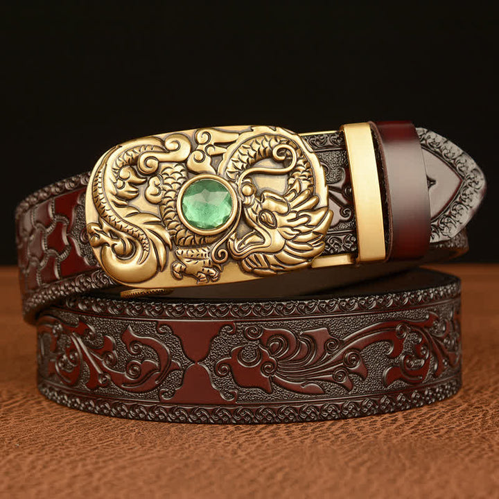 Men's Engraved Dragon Gemstone Leather Belt - Brown & Emerald - 46 - image 14
