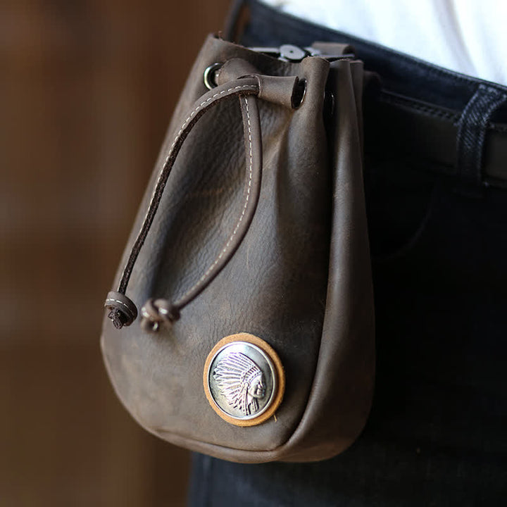 Small Wallet Coin Purse Drawstring Leather Belt Bag - Dark Brown - image 13
