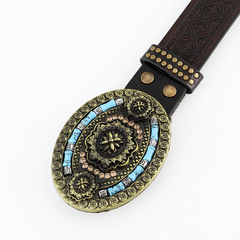 Men's Bohemian Style Turquoise Floral Leather Belt - image 1