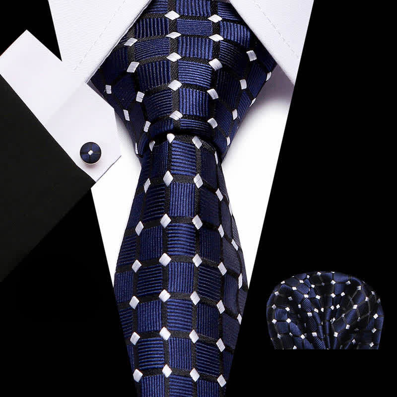 3Pcs Men's MidnightBlue & White Checked Necktie Set - MidnightBlue & White - image 0