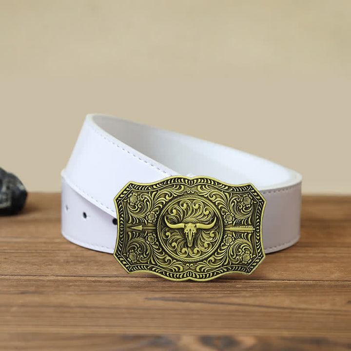 Men's DIY Long Horn Bull Arrow Buckle Leather Belt - Antique Bronze - White PU Belt (40) - image 10