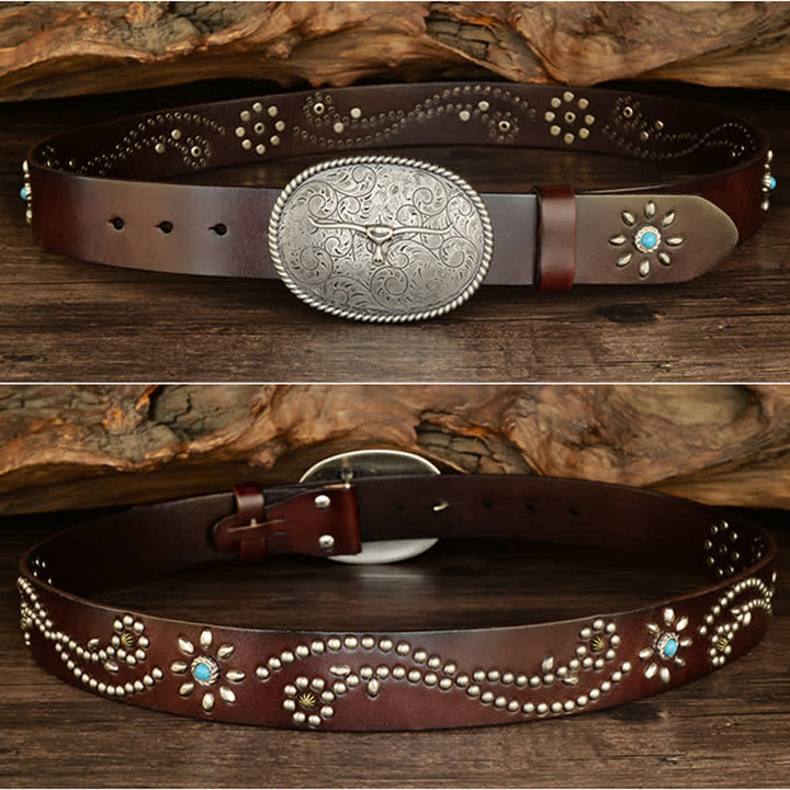 Men's Punk Rivet Longhorn Bull Turquoise Real Leather Belt - image 9