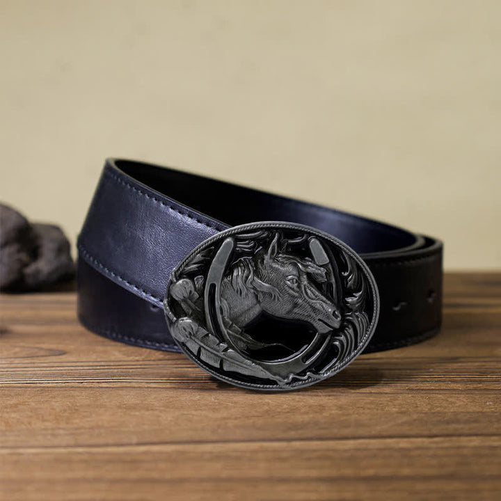 Men's DIY Horseshoe Black Enamel Buckle Leather Belt - Horseshoe - Black PU Belt (40) - image 3