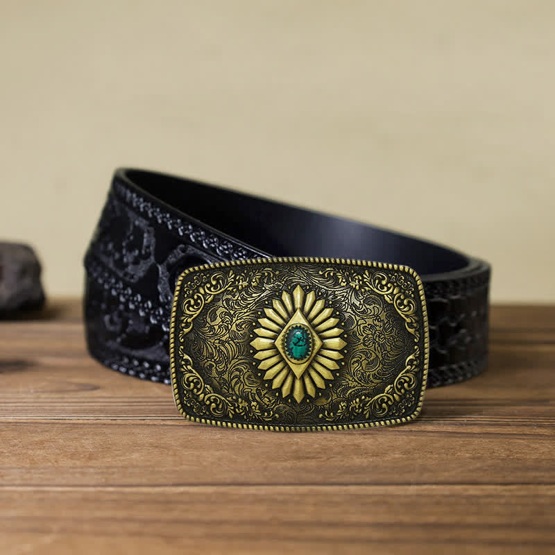 Men's DIY Square Turquoise Western Buckle Leather Belt - Antique Gold - Black Carved Belt (40) - image 18