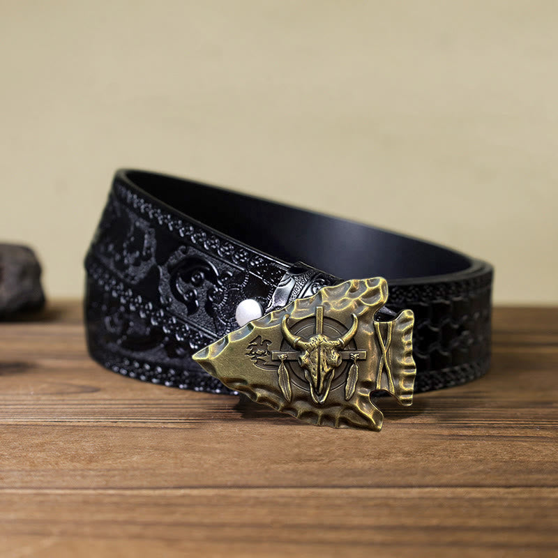 Men's DIY Arrowhead Shaped Bull Buckle Leather Belt - Antique Bronze - Black Carved Belt (40) - image 15