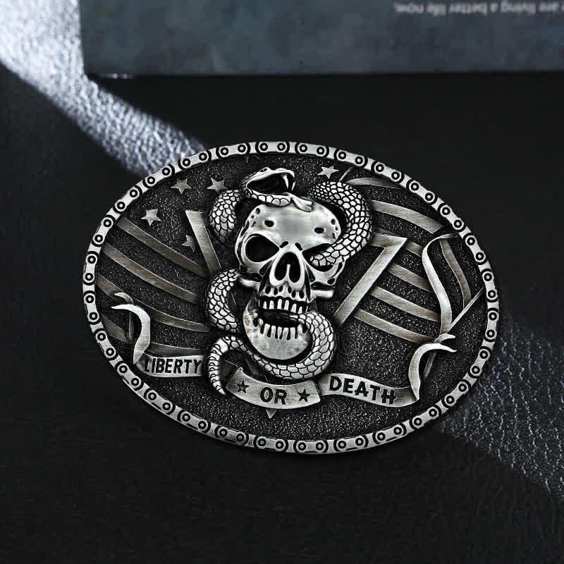 Men's DIY "Liberty or Death" Snake Skull Buckle Leather Belt - Antique Silver - Without Belt - image 0