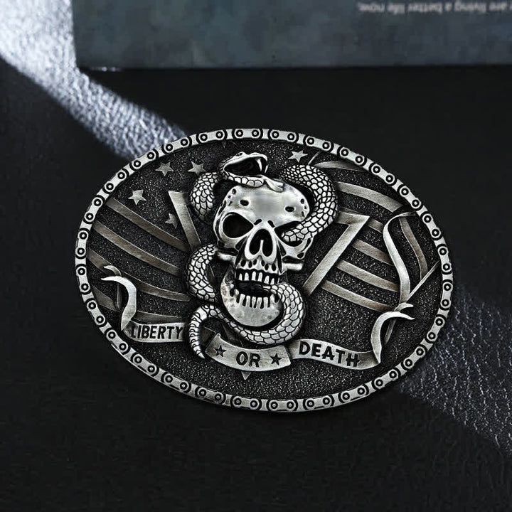 Men's DIY "Liberty or Death" Snake Skull Buckle Leather Belt - Antique Silver - Without Belt - image 0