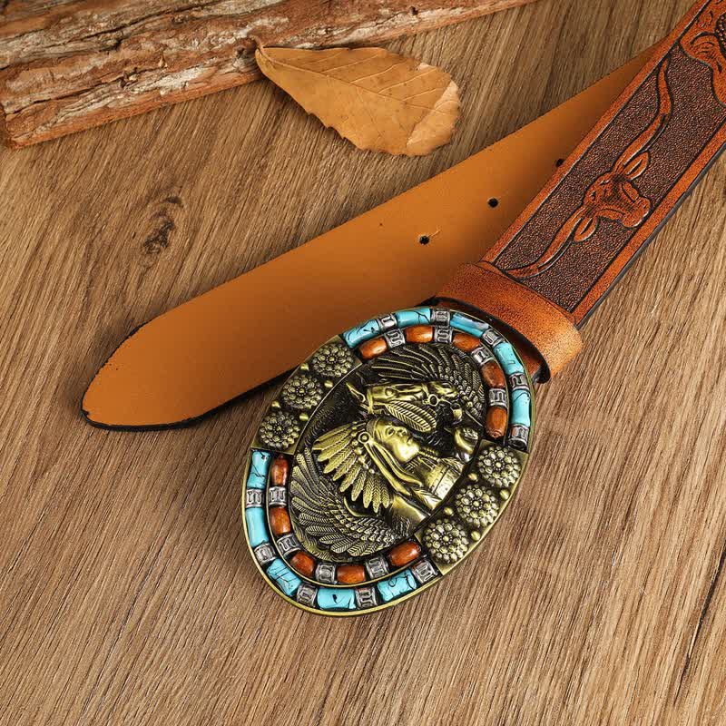 Men's Boho Indian Art Turquoise Leather Belt - image 1