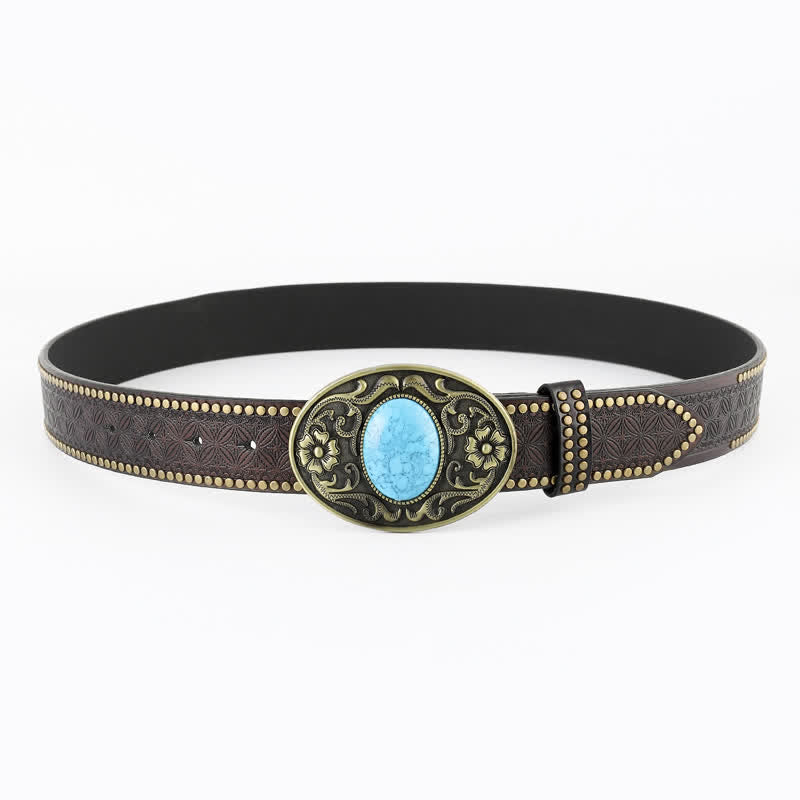 Men's Bohemian Style Oval Turquoise Leather Belt - image 2