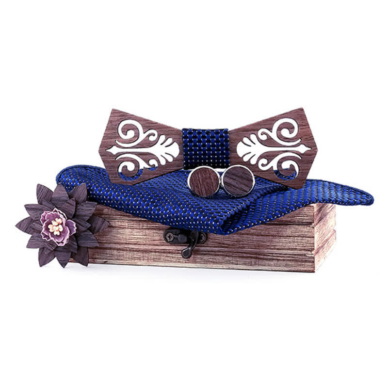 4Pcs Men's Hollow Flower Pattern Wooden Bow Tie Set - Black & Navy - image 7