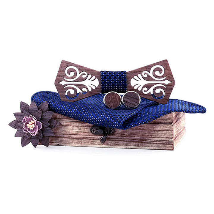 4Pcs Men's Hollow Flower Pattern Wooden Bow Tie Set - Black & Navy - image 7