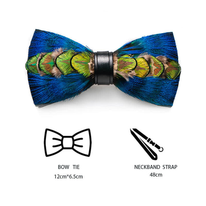 Blue & Green-yellow Feather Bow Tie with Lapel Pin - image 3