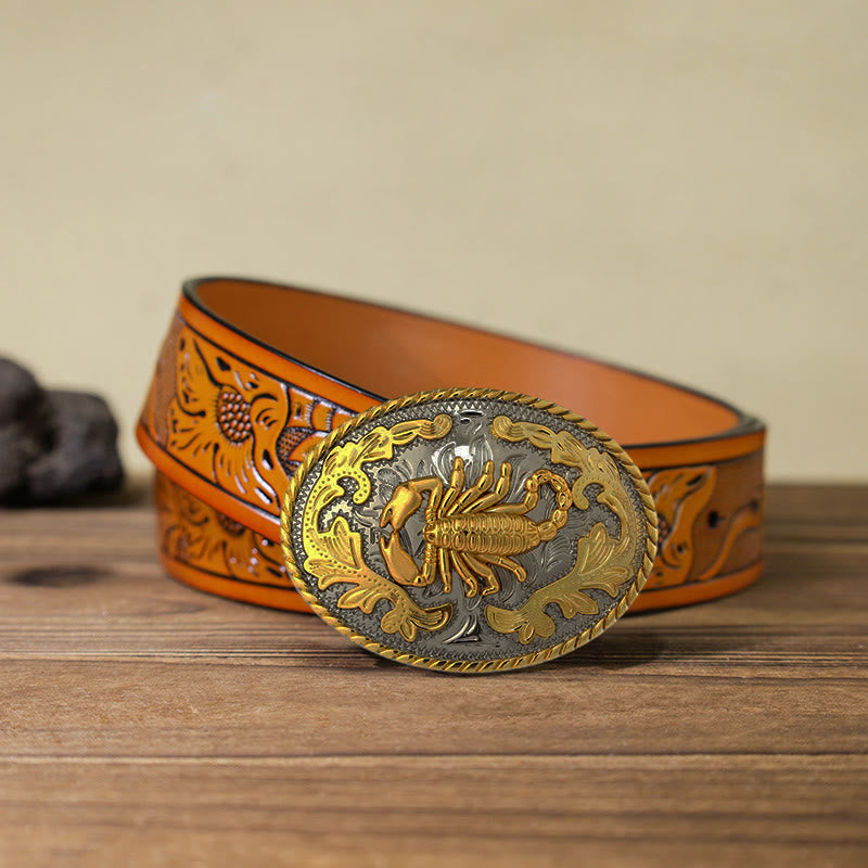 Men's DIY Golden Scorpion Buckle Leather Belt - Oval - Orange Carved Belt (40) - image 25