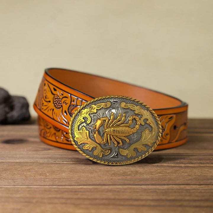Men's DIY Golden Scorpion Buckle Leather Belt - Oval - Orange Carved Belt (40) - image 25