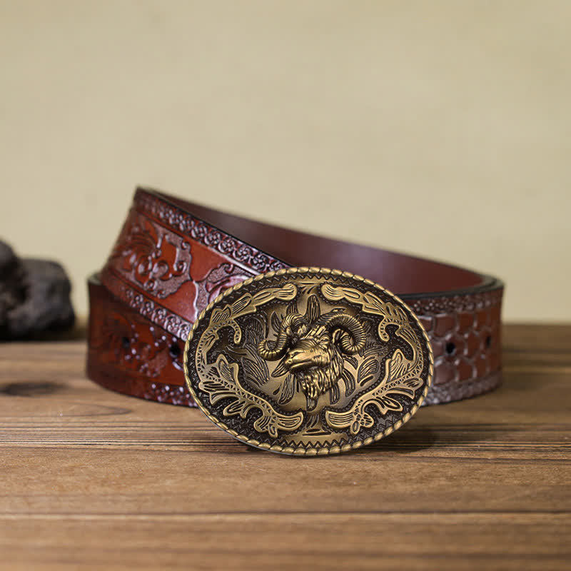 Men's DIY Bronze Wild Goat Head Buckle Leather Belt - Wild Goat - Brown Carved Belt (40) - image 11