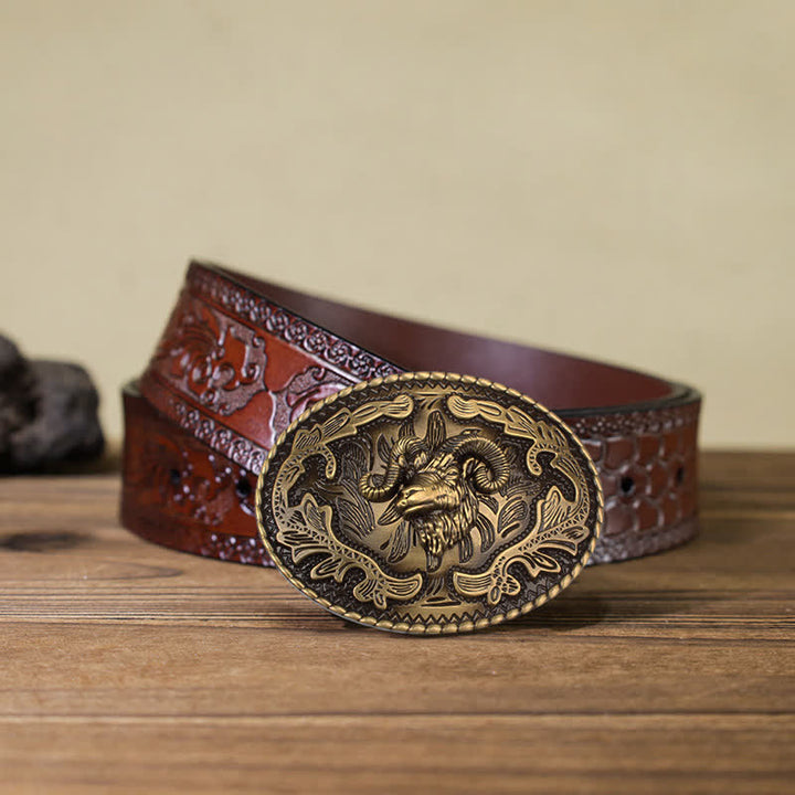 Men's DIY Bronze Wild Goat Head Buckle Leather Belt - Wild Goat - Brown Carved Belt (40) - image 11