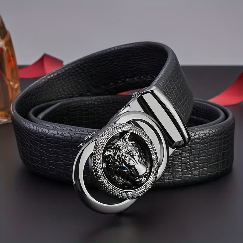 Men's Snake Pattern Leopard Head Buckle Leather Belt - image 1
