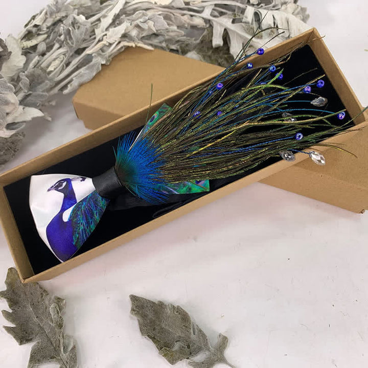 Blue Peacock Tail Beaded Feather Bow Tie - image 3