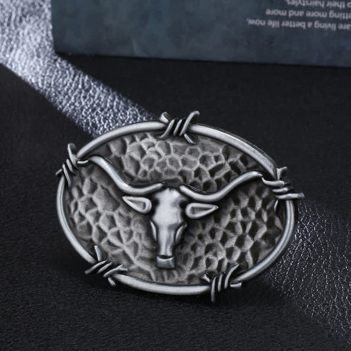 Men's DIY Cowboy Bull Head Hammered Buckle Leather Belt - Antique Silver - Without Belt - image 0