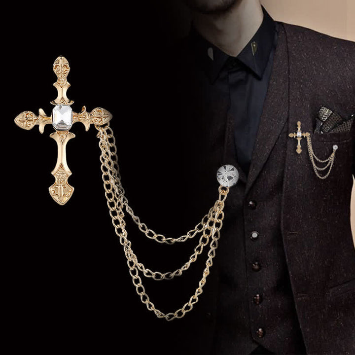 Men's Classic Cross Crystal Chain Brooch - Gold & White - image 3