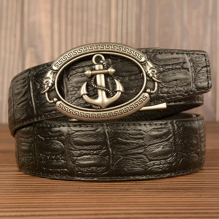 Men's Nautical Anchor Crocodile Embossed Leather Belt - Silver & Black - Crocodile Skin - 44 - image 11