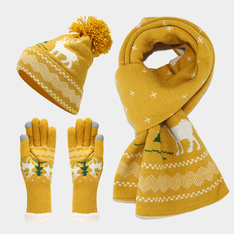 3Pcs Women's Reindeer Tree Jacquard Hat Scarf Gloves Set - Yellow - Adjustable (Approx. 21 5/8"-23 5/8") - image 14