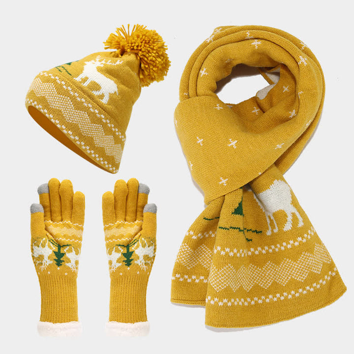 3Pcs Women's Reindeer Tree Jacquard Hat Scarf Gloves Set - Yellow - Adjustable (Approx. 21 5/8"-23 5/8") - image 14