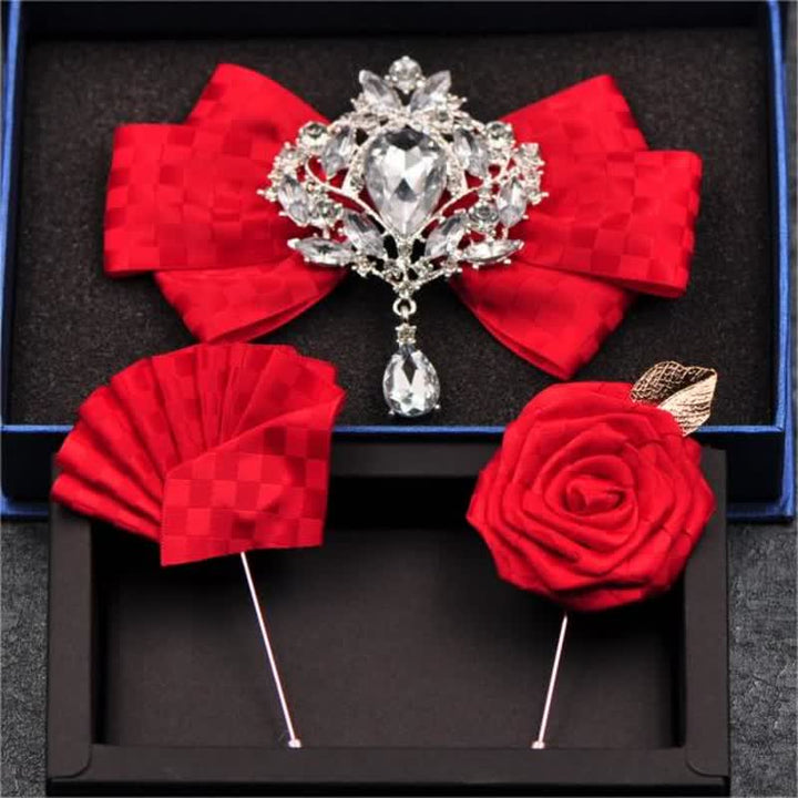 3Pcs Checker Rhinestone Brooch Bow Tie Set - Red - image 9