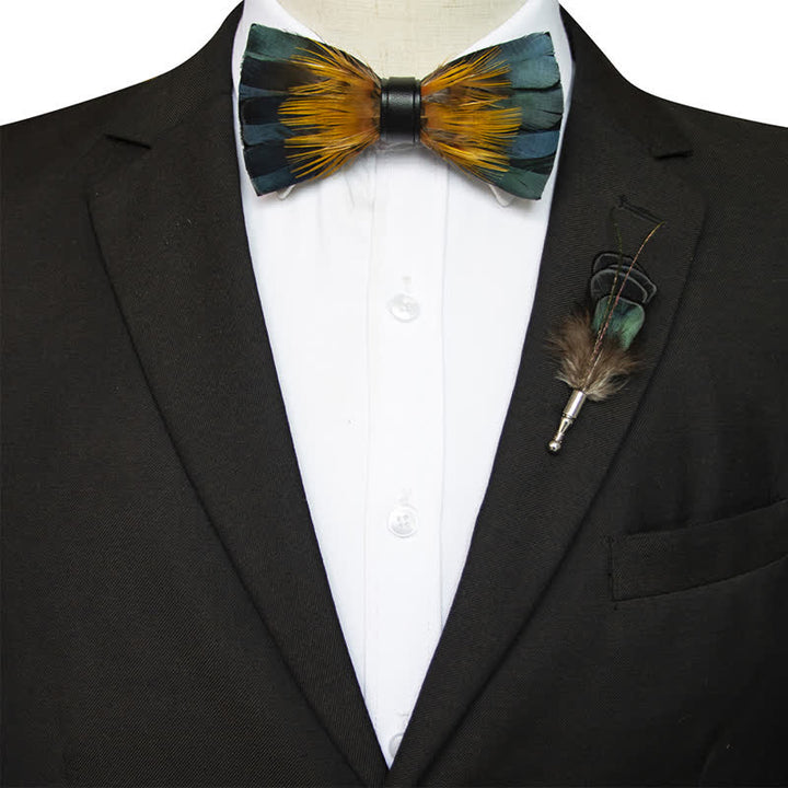 Kid's ForestGreen & Yellow Kingfisher Feather Bow Tie with Lapel Pin - image 3