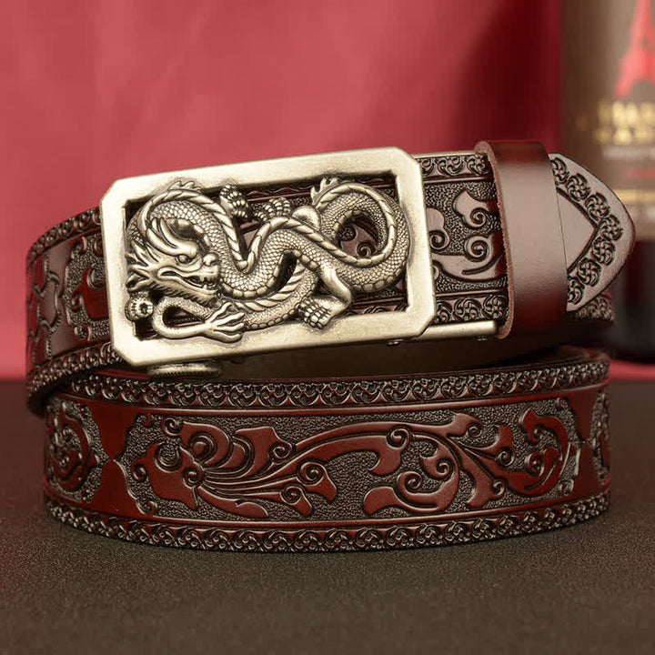 Men's Coiling Dragon Embossing Leather Belt - Silver & Brown - 46 - image 14