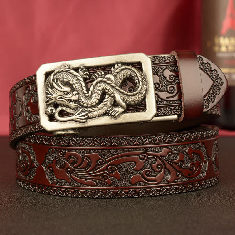 Men's Coiling Dragon Embossing Leather Belt - Silver & Brown - 46 - image 14
