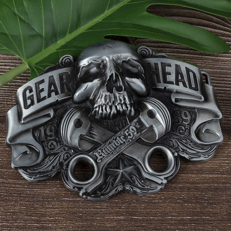Men's DIY Gear Head Piston Skull Buckle Leather Belt - image 2