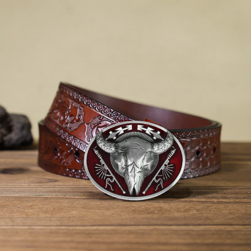 Men's DIY Indian Theme Bull Skull Buckle Leather Belt - Dark Red - Brown Carved Belt (40) - image 12