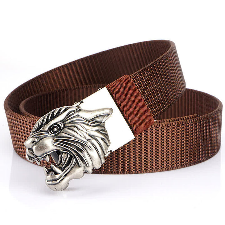 Men's Roaring Tiger Head Nylon Belt - Brown / Silver - 48" - image 20