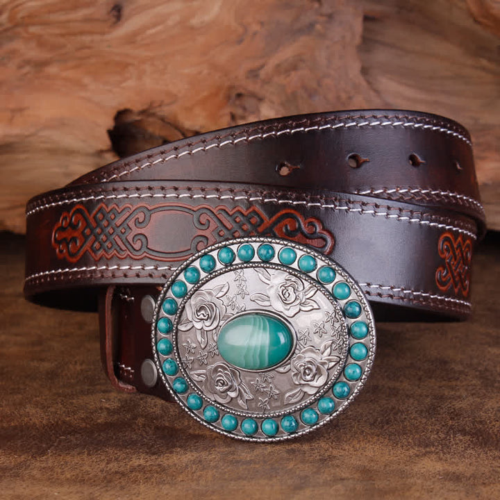 Unisex Carved Rose Turquoise Jade Agate Leather Belt - image 6
