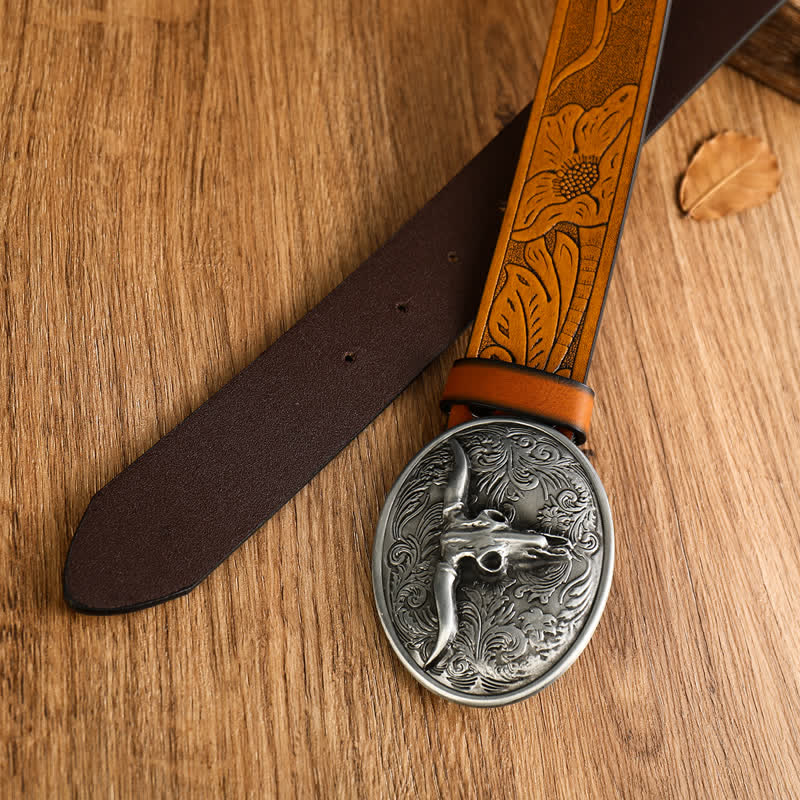 Men's Vintage Floral Longhorn Bull Leather Belt - image 1