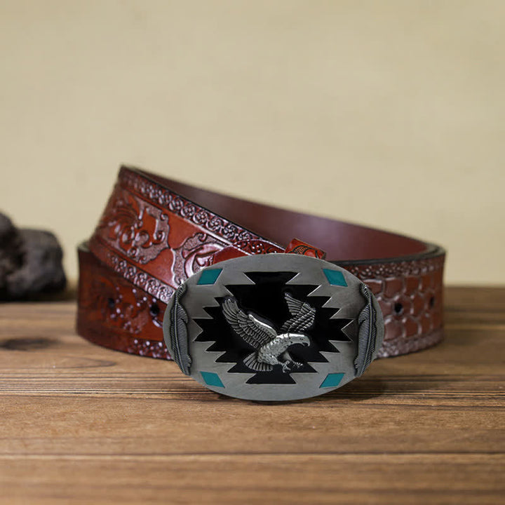 Men's DIY Western Flying Eagle Buckle Leather Belt - Eagle - Brown Carved Belt (40) - image 11